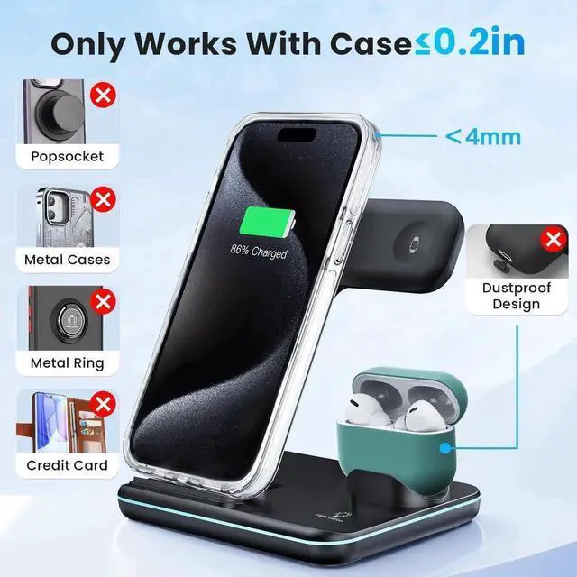 Alt view image 3 of 7 - Wireless Charger 3 in 1, 15W Fast Charging Station for Apple Watch 9/8/Ultra 2/Ultra/SE/7/6/5/4/3/2, for 3/2/1/Pro/Pro 2, for iPhone 15/14/13 /Plus/Pro/Pro Max/12/11/X/Xr/XS/8 (Black)