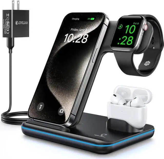 Main image of Wireless Charger 3 in 1, 15W Fast Charging Station for Apple Watch 9/8/Ultra 2/Ultra/SE/7/6/5/4/3/2, for 3/2/1/Pro/Pro 2, for iPhone 15/14/13 /Plus/Pro/Pro Max/12/11/X/Xr/XS/8 (Black)