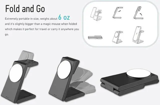 Alt view image 7 of 7 - 3-in-1 Foldable Charging Station for MagSafe, Travel Magnetic Charger Stand for iPhone 15 14 13 12 Pro Max, Fast Wireless Charging Dock for Apple Watch/AirPods(Black)
