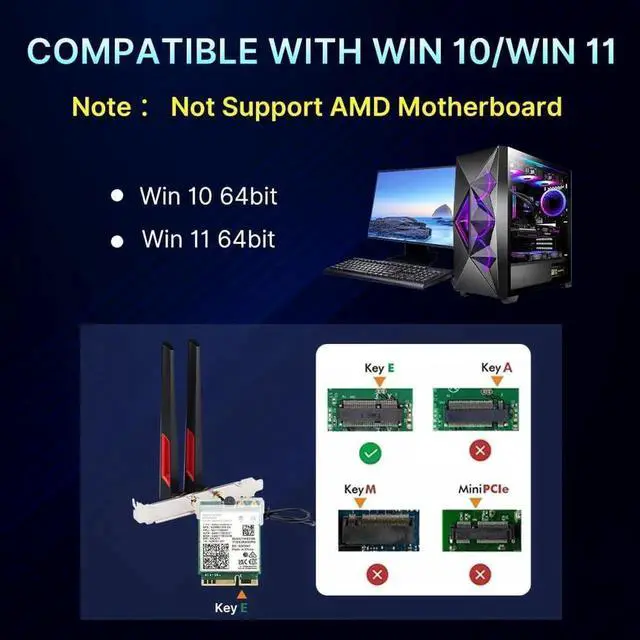 Alt view image 4 of 7 - AUTYUE Wireless Adapter WiFi 7 Network Card, BT5.4 BE200NGW 7th WiFi Adapter, M.2 Mini Desktop kit WiFi 7 Adapter 802.11BE Tri-Band 8774Mbps WiFi not Support AMD Motherboards for Win 10/11 10Dbi