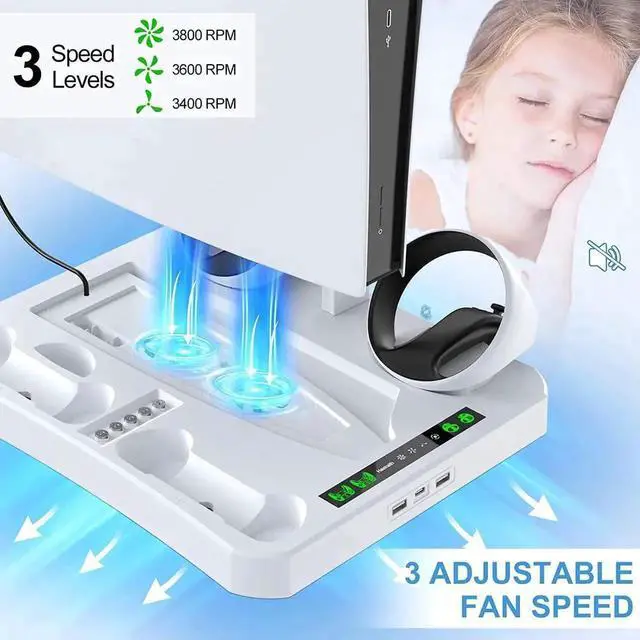 Alt view image 6 of 7 - Fast Charging Stand for PSVR 2 & PS5 Console, [5 in 1] Stand with Cooling Fan, Dual Controller Magnetic Charging Port for PSVR 2 & PS5, Charging Indicator Light, Storage Stand Perfect for PSVR 2 & PS5