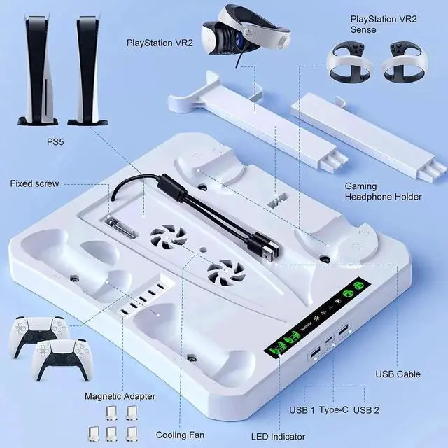 Alt view image 3 of 7 - Fast Charging Stand for PSVR 2 & PS5 Console, [5 in 1] Stand with Cooling Fan, Dual Controller Magnetic Charging Port for PSVR 2 & PS5, Charging Indicator Light, Storage Stand Perfect for PSVR 2 & PS5