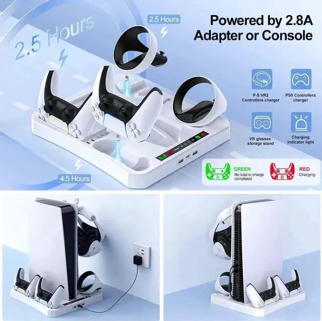 Alt view image 4 of 7 - Fast Charging Stand for PSVR 2 & PS5 Console, [5 in 1] Stand with Cooling Fan, Dual Controller Magnetic Charging Port for PSVR 2 & PS5, Charging Indicator Light, Storage Stand Perfect for PSVR 2 & PS5