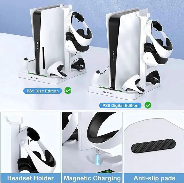 Alt view image 5 of 7 - Fast Charging Stand for PSVR 2 & PS5 Console, [5 in 1] Stand with Cooling Fan, Dual Controller Magnetic Charging Port for PSVR 2 & PS5, Charging Indicator Light, Storage Stand Perfect for PSVR 2 & PS5