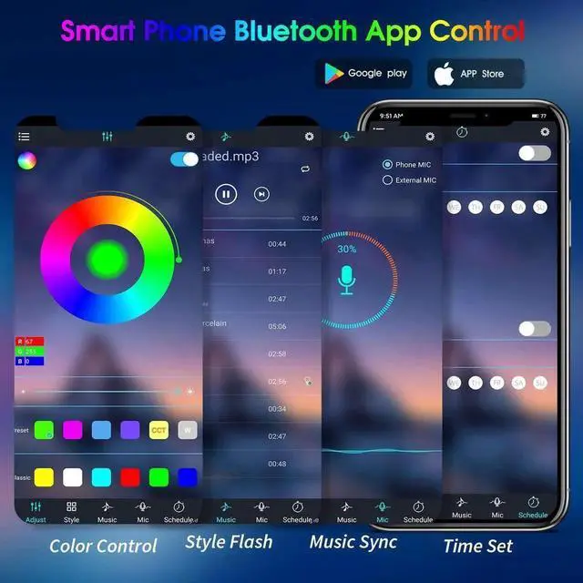 Alt view image 5 of 7 - 50ft/15M LED Strip Lights, HRDJ RGB LED Light Strip Music Sync RGB LED Strip,5050 SMD Color Changing LED Strip Light Bluetooth Controller + 24 Key Remote LED Lights for Bedroom Home Party