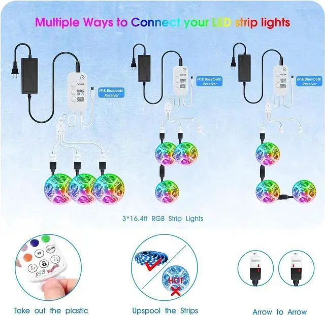 Alt view image 7 of 7 - 50ft/15M LED Strip Lights, HRDJ RGB LED Light Strip Music Sync RGB LED Strip,5050 SMD Color Changing LED Strip Light Bluetooth Controller + 24 Key Remote LED Lights for Bedroom Home Party