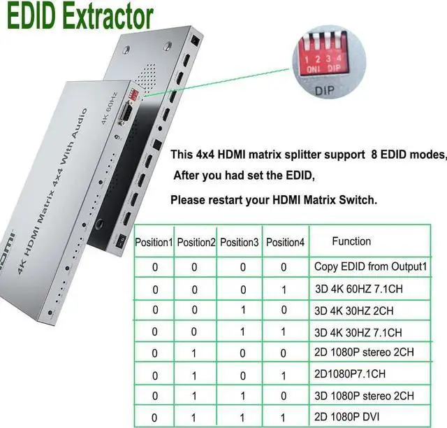 Alt view image 7 of 7 - 4K HDMI Splitter, 4 in 4 Out HDMI Matrix Switch, HDMI 2.0 Support 3840x2160@60Hz with Audio Switch, IR Remote+ Button Press + RS232 Control, Support EDID Audio Extractor, 3D, HDR, 18 GBPS, HDCP 2.2
