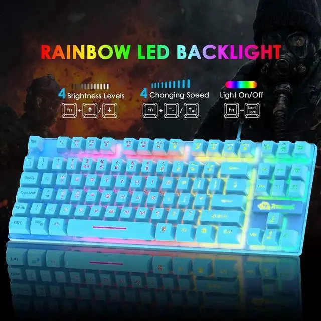 Alt view image 2 of 7 - Gaming Keyboard and Mouse Combo,88 Keys Compact Rainbow Backlit Mechanical Feel Keyboard, RGB Backlit 6400 DPI Lightweight Gaming Mouse with Honeycomb Shell for Windows PC Gamers (Blue)