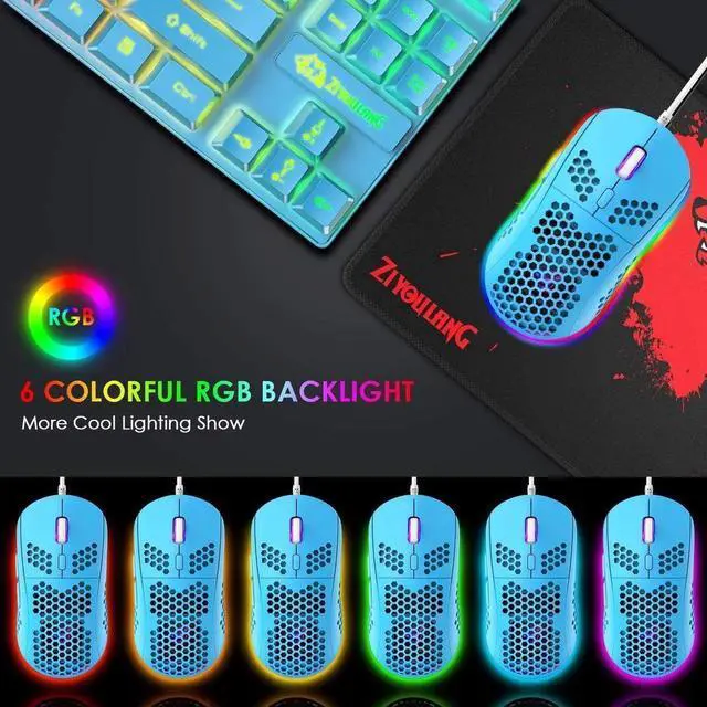 Alt view image 3 of 7 - Gaming Keyboard and Mouse Combo,88 Keys Compact Rainbow Backlit Mechanical Feel Keyboard, RGB Backlit 6400 DPI Lightweight Gaming Mouse with Honeycomb Shell for Windows PC Gamers (Blue)