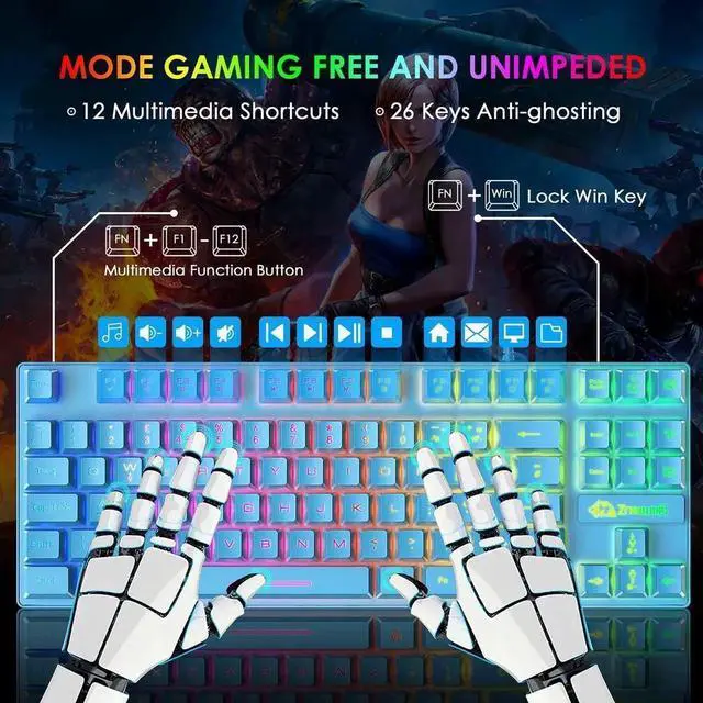 Alt view image 6 of 7 - Gaming Keyboard and Mouse Combo,88 Keys Compact Rainbow Backlit Mechanical Feel Keyboard, RGB Backlit 6400 DPI Lightweight Gaming Mouse with Honeycomb Shell for Windows PC Gamers (Blue)