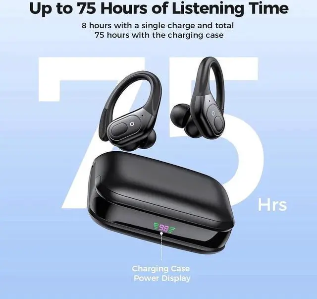 Alt view image 3 of 7 - Bluetooth Headphones, True Wireless Earbuds, BT5.3 Sports Earbuds 75H Playtime, IPX7 Waterproof, LED Power Display, Over Ear Buds with Earhooks, Mic in-Ear Headphones Deep Bass for Sports Workout