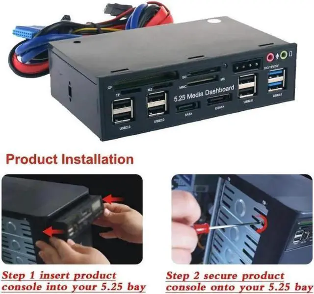 Alt view image 5 of 6 - Multi-Function USB 3.0 Hub eSATA SATA Port Internal Card Reader PC Dashboard Media Front Panel Audio for SD MS CF TF M2 MMC Memory Cards Fits 5.25" Bay