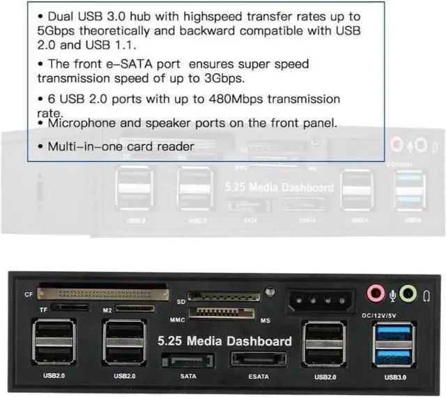 Alt view image 6 of 6 - Multi-Function USB 3.0 Hub eSATA SATA Port Internal Card Reader PC Dashboard Media Front Panel Audio for SD MS CF TF M2 MMC Memory Cards Fits 5.25" Bay