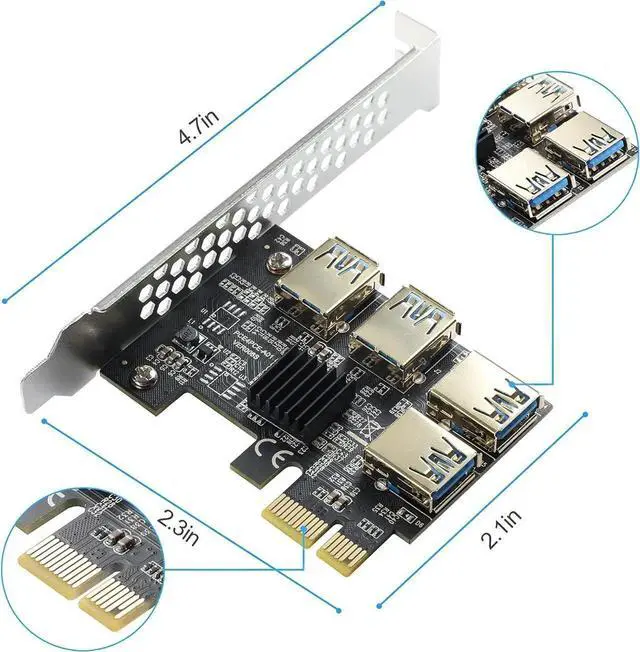 Alt view image 2 of 7 - Goldendisk PCI-E 1 to 4 Express 16X Slots Riser Card, 1X to External 4 USB 3.0 Adapter Multiplier for Bitcoin Mining