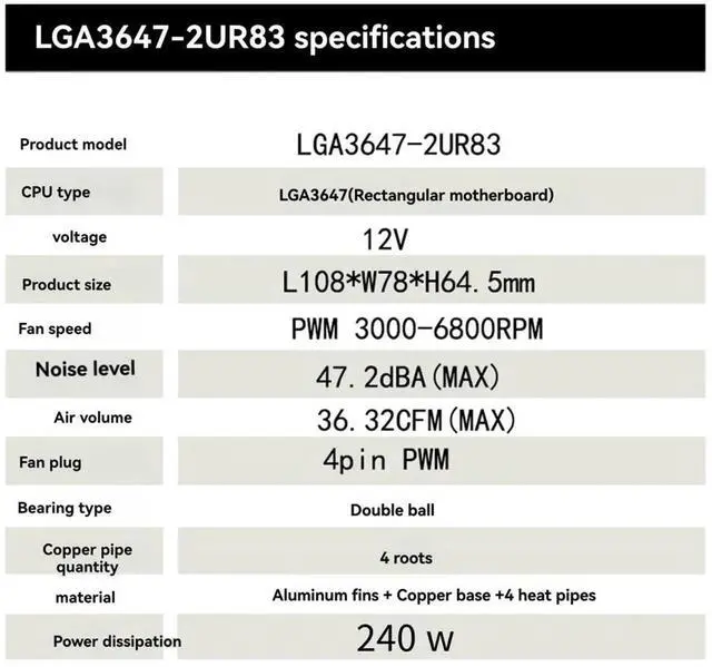 Alt view image 7 of 7 - LGA3647-2U-R83 Cooler 240W for Lga 3647 Narrow Type Radiator 2u Heat Sink 4 Heat Pipe Side Blow Cooling Fan,1 * cpu Cooler