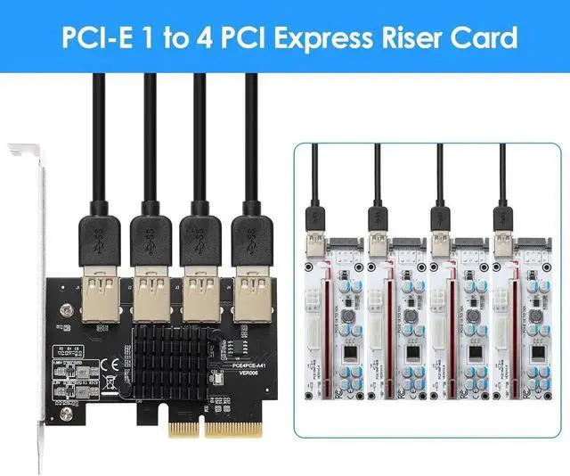 Alt view image 7 of 7 - Goldendisk PCI-E 4X to 4 PCIe Slots Riser Card,USB 3.0 Adapter Multiplier Card for Bitcoin Mining