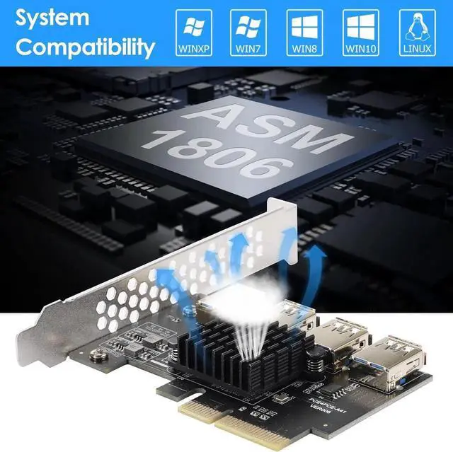 Alt view image 3 of 7 - Goldendisk PCI-E 4X to 4 PCIe Slots Riser Card,USB 3.0 Adapter Multiplier Card for Bitcoin Mining