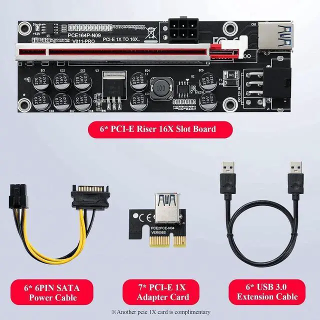 Alt view image 7 of 7 - Goldendisk PCI-E 1X to 16X Riser Card, for Bitcoin Ethereum Mining ETH,10 Capacitors,with 0.6 m USB 3.0 Extension Cable & 6PIN SATA Power Cable - GPU Extender Riser Card - (V011-PRO,6 Pack)