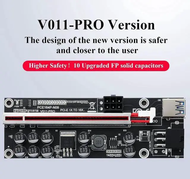 Alt view image 4 of 7 - Goldendisk PCI-E 1X to 16X Riser Card, for Bitcoin Ethereum Mining ETH,10 Capacitors,with 0.6 m USB 3.0 Extension Cable & 6PIN SATA Power Cable - GPU Extender Riser Card - (V011-PRO,6 Pack)