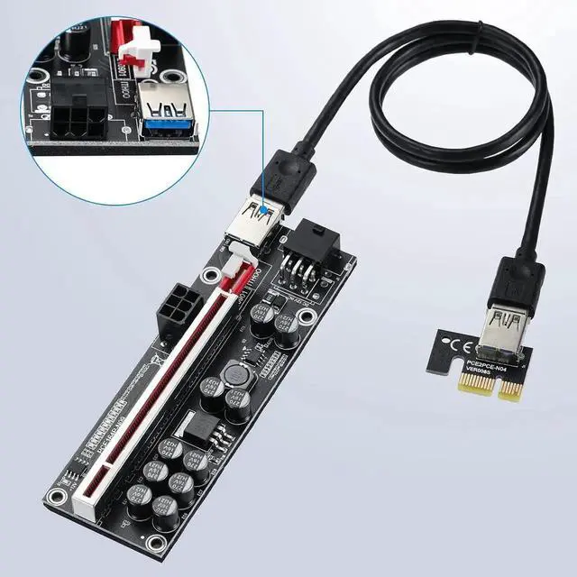 Alt view image 3 of 7 - Goldendisk PCI-E 1X to 16X Riser Card, for Bitcoin Ethereum Mining ETH,10 Capacitors,with 0.6 m USB 3.0 Extension Cable & 6PIN SATA Power Cable - GPU Extender Riser Card - (V011-PRO,6 Pack)
