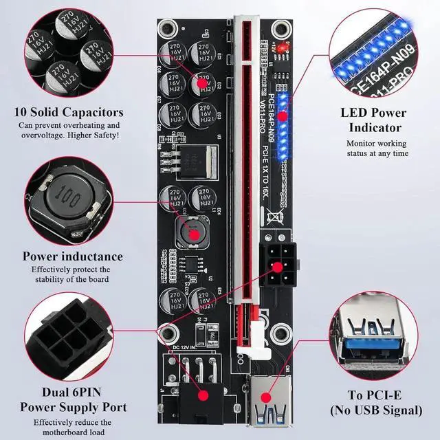 Alt view image 2 of 7 - Goldendisk PCI-E 1X to 16X Riser Card, for Bitcoin Ethereum Mining ETH,10 Capacitors,with 0.6 m USB 3.0 Extension Cable & 6PIN SATA Power Cable - GPU Extender Riser Card - (V011-PRO,6 Pack)