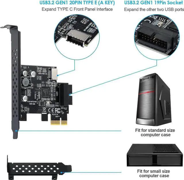 Alt view image 5 of 7 - Goldendisk PCI-E 1X to USB 3.2 GEN1 5Gbps 20pin Front Panel Header (to Type-c Front Panel Header) + USB 3.0 19Pin Socket Expansion Card,Type-E Internal 20-pin Front Panel Connector Riser Card