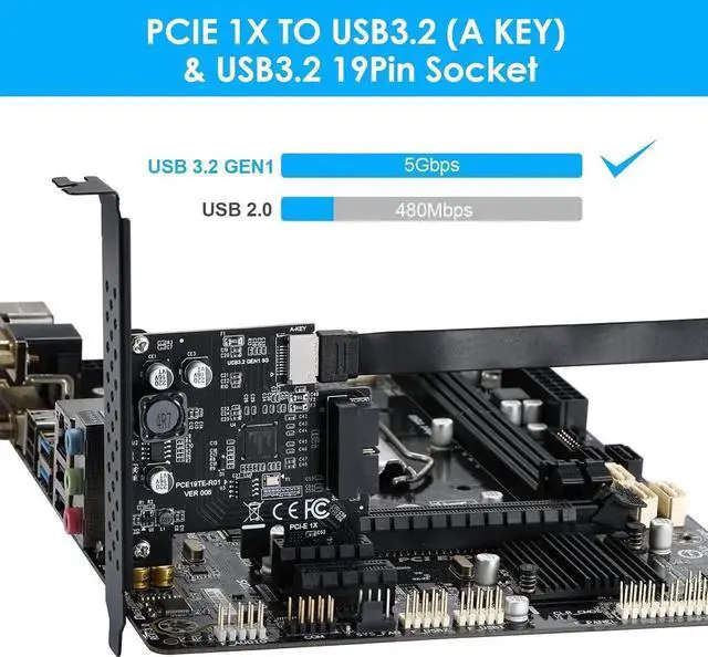 Alt view image 3 of 7 - Goldendisk PCI-E 1X to USB 3.2 GEN1 5Gbps 20pin Front Panel Header (to Type-c Front Panel Header) + USB 3.0 19Pin Socket Expansion Card,Type-E Internal 20-pin Front Panel Connector Riser Card