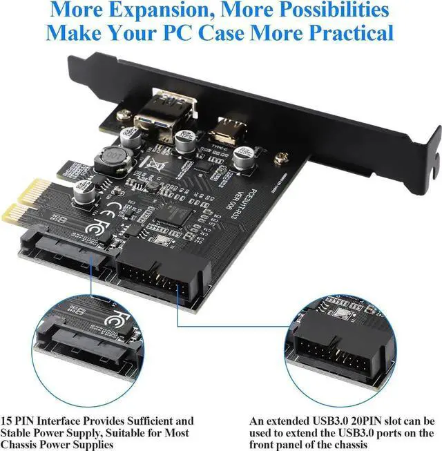 Alt view image 7 of 7 - Goldendisk PCI-E 1X to USB 3.2 GEN1 5Gbps External USB-A+Type-C Expansion Card, Built-in USB 3.0 20PIN Front Panel Connector and 15PIN Power Connector, USB3.0 2-Port Adapter Card.