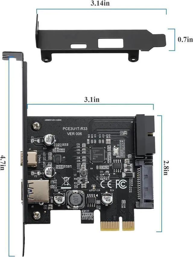 Alt view image 6 of 7 - Goldendisk PCI-E 1X to USB 3.2 GEN1 5Gbps External USB-A+Type-C Expansion Card, Built-in USB 3.0 20PIN Front Panel Connector and 15PIN Power Connector, USB3.0 2-Port Adapter Card.