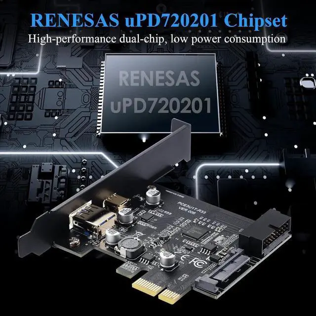 Alt view image 2 of 7 - Goldendisk PCI-E 1X to USB 3.2 GEN1 5Gbps External USB-A+Type-C Expansion Card, Built-in USB 3.0 20PIN Front Panel Connector and 15PIN Power Connector, USB3.0 2-Port Adapter Card.