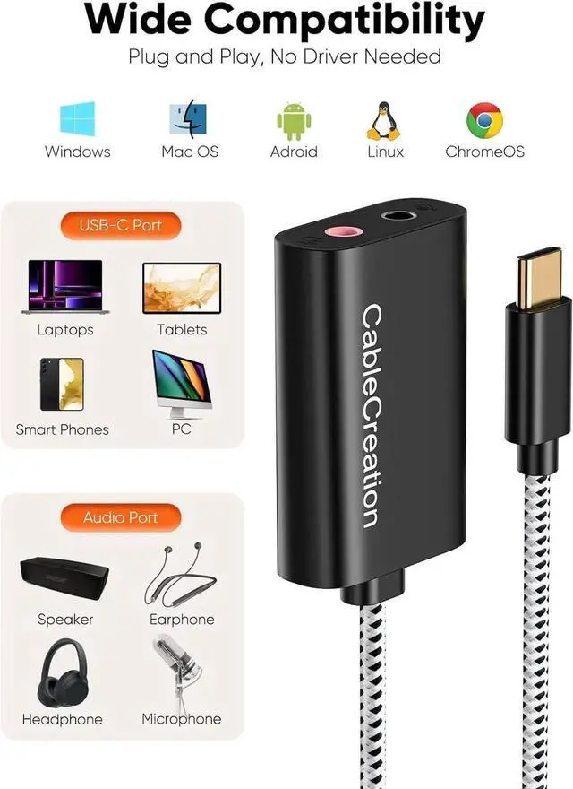 Alt view image 2 of 7 - CableCreation Type C External Sound Card with 3.5 mm Audio Jack, USB-C Microphone Headphone Adapter Compatible with MacBook Pro, iMac, iPad Pro 2020, iPhone 16/15, Galaxy S24/ S23/ S22/ S21+