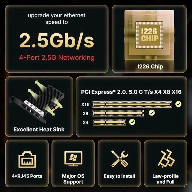 Alt view image 5 of 7 - 2.5G PCIe Ethernet Card with Intel I226 Chip, 2500Mbps Gigabit Network Adapter to PCIE X4 X8 X16 NIC for Windows 10/11, Windows Server 2019/2022; Linux