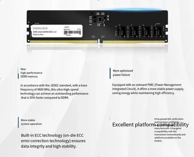 Alt view image 4 of 5 - Goldendisk 32GB DDR5 4800MHz 288-PIN UDIMM 1.1V CL40 Micron chip desktop memory stick supports xmp3.0 overclocking