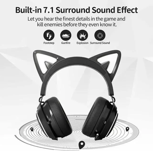 Main image of Cat Ear Headset, USB Gaming Headset with Retractable Mic, 7.1 Surround Sound, RGB Lighting, Wired Headset for PC, PS4, PS5 - Black