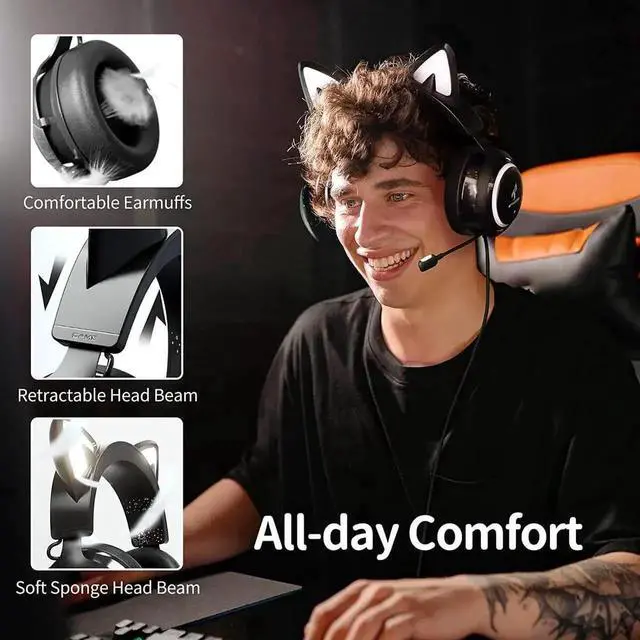 Alt view image 6 of 6 - Cat Ear Headset, USB Gaming Headset with Retractable Mic, 7.1 Surround Sound, RGB Lighting, Wired Headset for PC, PS4, PS5 - Black