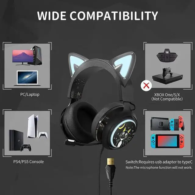 Alt view image 3 of 6 - Cat Ear Headset, USB Gaming Headset with Retractable Mic, 7.1 Surround Sound, RGB Lighting, Wired Headset for PC, PS4, PS5 - Black
