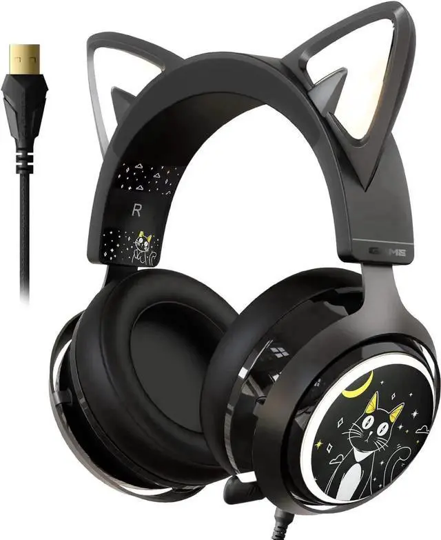 Alt view image 2 of 6 - Cat Ear Headset, USB Gaming Headset with Retractable Mic, 7.1 Surround Sound, RGB Lighting, Wired Headset for PC, PS4, PS5 - Black