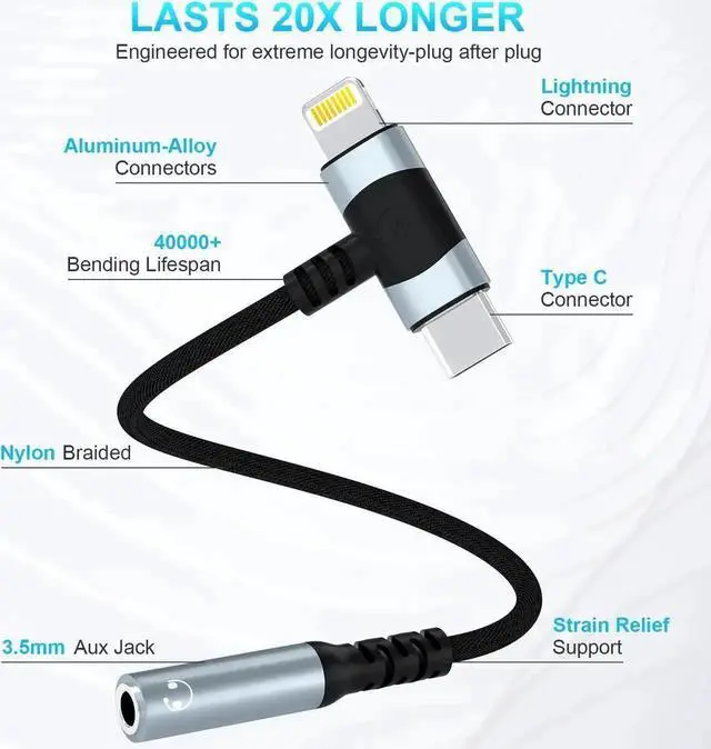 Alt view image 5 of 7 - Lightning & USB-C to 3.5 mm Headphone Jack Adapter 2-IN-1 Headphone Adapter for iPhone Type C to 3.5mm Female Headphone Jack Adapter for ipad/iPhone 14/13/12/11/8/7/Samsung Galaxy/Pixel-MFI Certified