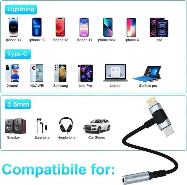 Alt view image 3 of 7 - Lightning & USB-C to 3.5 mm Headphone Jack Adapter 2-IN-1 Headphone Adapter for iPhone Type C to 3.5mm Female Headphone Jack Adapter for ipad/iPhone 14/13/12/11/8/7/Samsung Galaxy/Pixel-MFI Certified