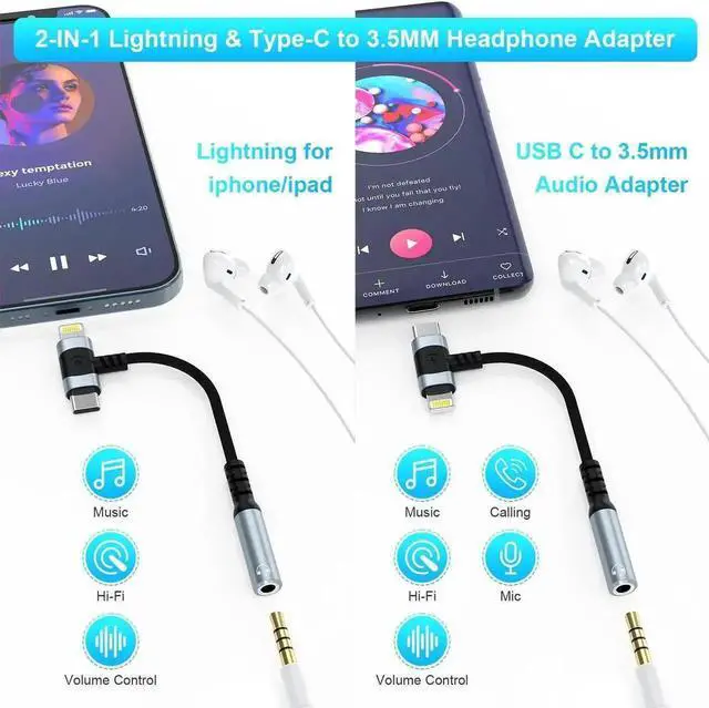 Alt view image 2 of 7 - Lightning & USB-C to 3.5 mm Headphone Jack Adapter 2-IN-1 Headphone Adapter for iPhone Type C to 3.5mm Female Headphone Jack Adapter for ipad/iPhone 14/13/12/11/8/7/Samsung Galaxy/Pixel-MFI Certified