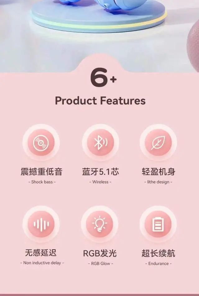 Alt view image 3 of 6 - Cat's Ears Headset RGB Light Smile Face TWS Headset Gradient