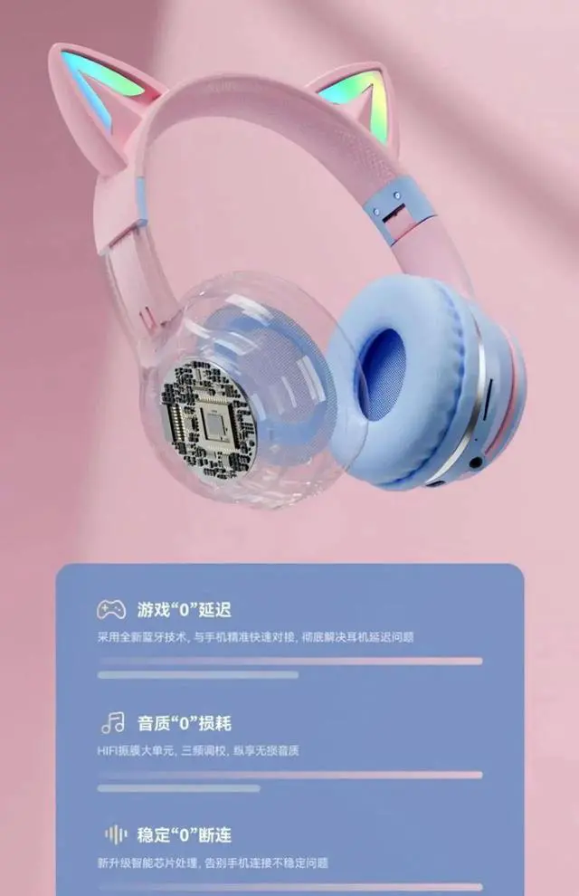 Alt view image 6 of 6 - Cat's Ears Headset RGB Light Smile Face TWS Headset Gradient