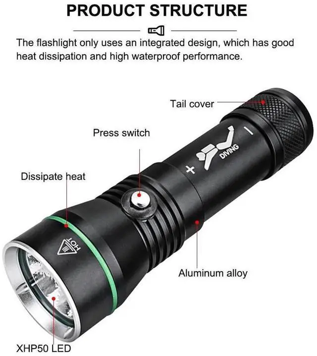 Alt view image 7 of 7 - Asafee 110M Deep Diving Flashlight 2000 LM XHP50 LED Scuba F
