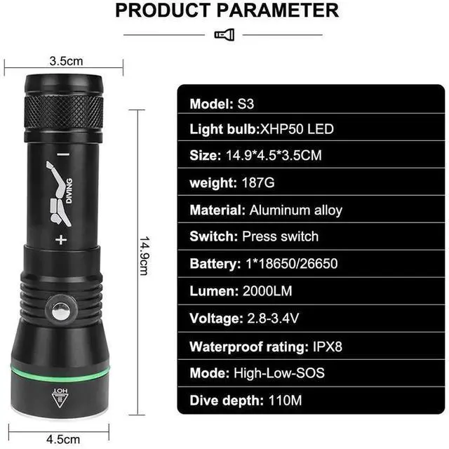 Alt view image 2 of 7 - Asafee 110M Deep Diving Flashlight 2000 LM XHP50 LED Scuba F