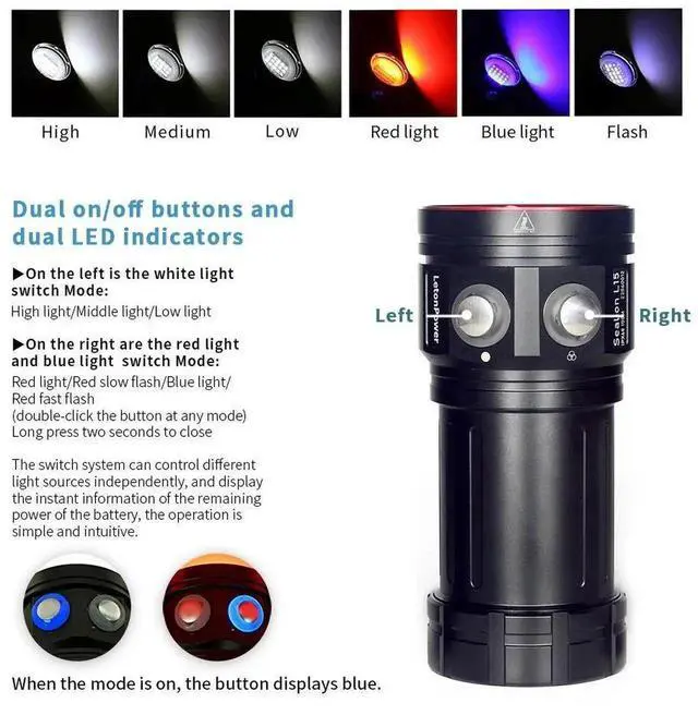 Alt view image 5 of 7 - Diving Flashlight L24 12000Lumens Dive Light 120m Underwater
