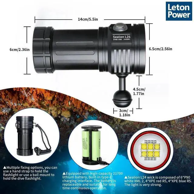 Alt view image 7 of 7 - Diving Flashlight L24 12000Lumens Dive Light 120m Underwater