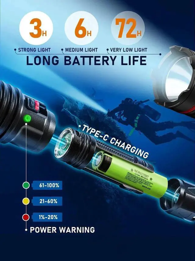 Alt view image 7 of 7 - LetonPower diving flashlight underwater light scuba diving f