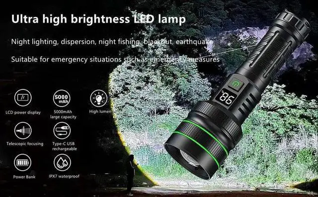 Alt view image 3 of 7 - Bright Spotlight Long Range LED Flashlight Type-C Charging S