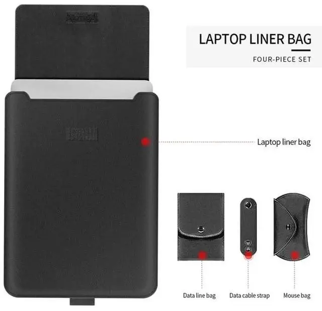 Alt view image 7 of 7 - 4 in 1 Universal Waterproof PU Leather Laptop Liner Bag with Handle & Stand & Pen Holder + 2 Winders + Mouse Bag + Charger Bag Set for 17 inch Laptops (Brown)