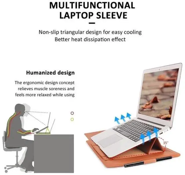 Alt view image 4 of 7 - 4 in 1 Universal Waterproof PU Leather Laptop Liner Bag with Handle & Stand & Pen Holder + 2 Winders + Mouse Bag + Charger Bag Set for 17 inch Laptops (Brown)